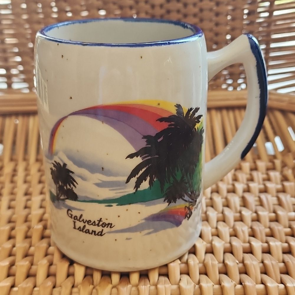 Vintage Galveston Isl1and Souvenir Coffee Mug with Rainbow & Palm Trees